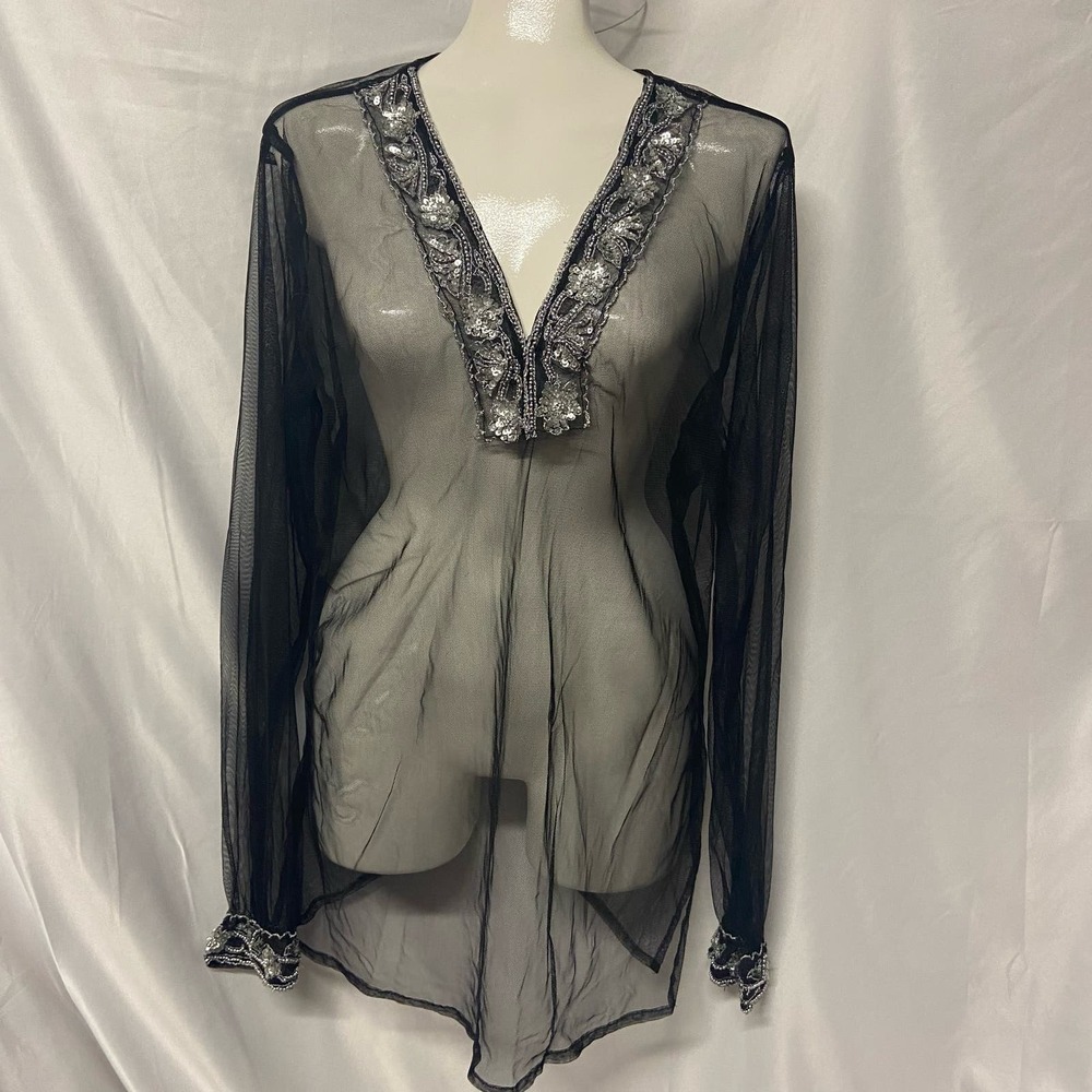 Taunt Top Shear Black Sequin Beads Bling XL Long Sleeve